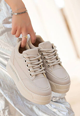 Pabucmarketi Bej Suni Deri Bağcıklı Kadın Sneaker Ayakkabı