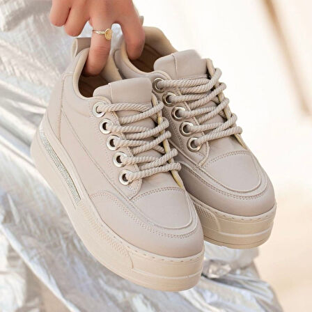 Pabucmarketi Bej Suni Deri Bağcıklı Kadın Sneaker Ayakkabı