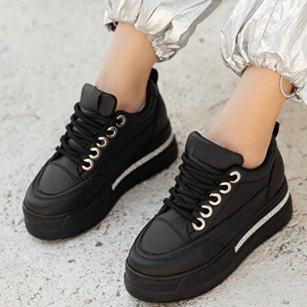 Pabucmarketi Siyah Suni Deri Bağcıklı Kadın Sneaker Ayakkabı