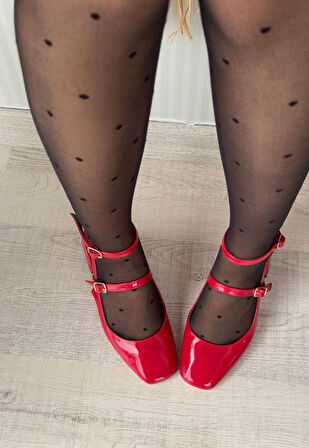 Pabucmarketi Kırmızı Rugan Topuklu Kemerli Kadın Rahat Ayakkabı
