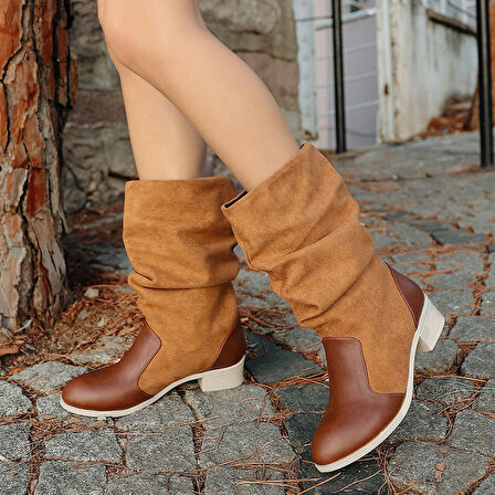 Pabucmarketi Taba Suni Deri Süet Detaylı Kadın Bot