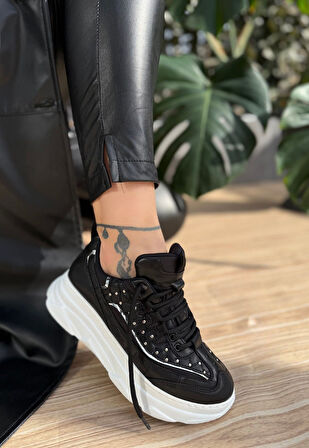 Pabucmarketi Siyah Suni Deri Bağcıklı Kadın Sneaker Ayakkabı