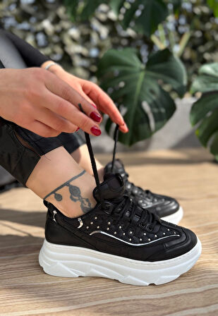 Pabucmarketi Siyah Suni Deri Bağcıklı Kadın Sneaker Ayakkabı