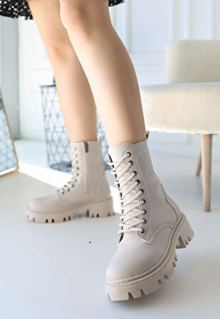 Pabucmarketi Bej Suni Deri Bağcıklı Kadın Bot