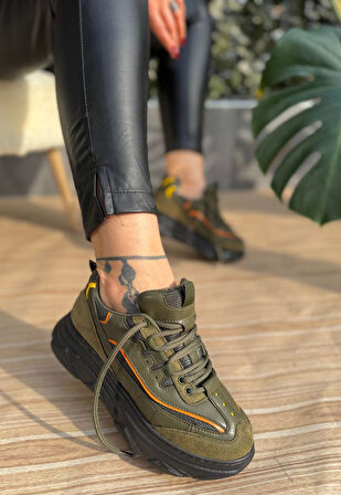 Pabucmarketi Yeşil Süet Turuncu Detaylı Kadın Sneaker Ayakkabı