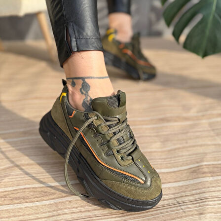 Pabucmarketi Yeşil Süet Turuncu Detaylı Kadın Sneaker Ayakkabı
