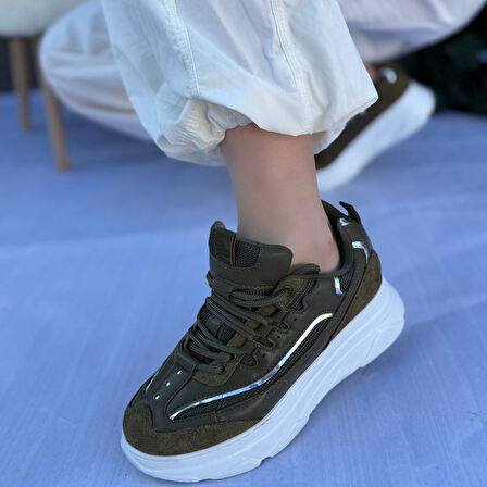 Pabucmarketi Yeşil Süet Gümüş Detaylı Kadın Sneaker Ayakkabı