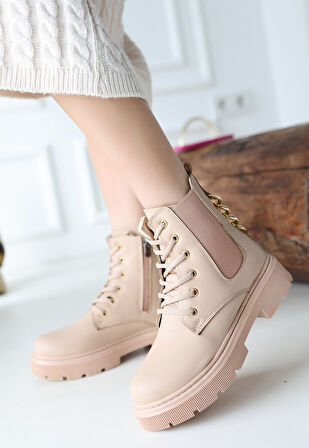 Pabucmarketi Nude Nut Suni Deri Bağcıklı Kadın Bot