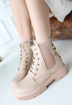 Pabucmarketi Nude Nut Suni Deri Bağcıklı Kadın Bot