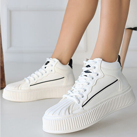 Pabucmarketi Beyaz Suni Deri Siyah Detaylı Bağcıklı Sneaker Kadın Ayakkabı