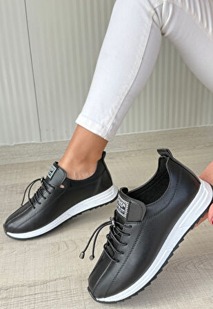 Pabucmarketi Siyah Suni Deri Bağcıklı Kadın Sneaker Ayakkabı