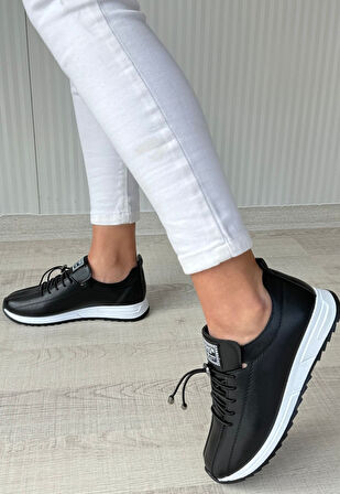 Pabucmarketi Siyah Suni Deri Bağcıklı Kadın Sneaker Ayakkabı