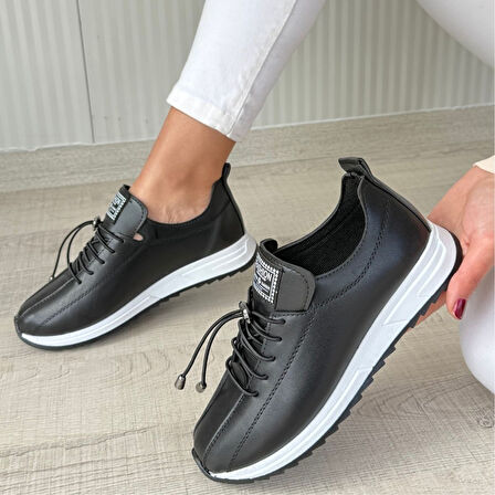 Pabucmarketi Siyah Suni Deri Bağcıklı Kadın Sneaker Ayakkabı