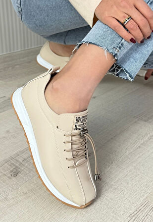 Pabucmarketi Bej Suni Deri Bağcıklı Kadın Sneaker Ayakkabı