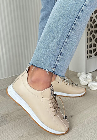 Pabucmarketi Bej Suni Deri Bağcıklı Kadın Sneaker Ayakkabı