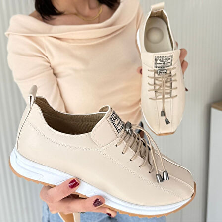 Pabucmarketi Bej Suni Deri Bağcıklı Kadın Sneaker Ayakkabı
