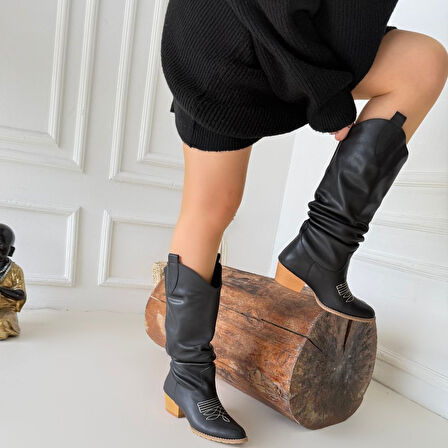 Pabucmarketi Siyah Suni Deri Topuklu Kadın Çizme