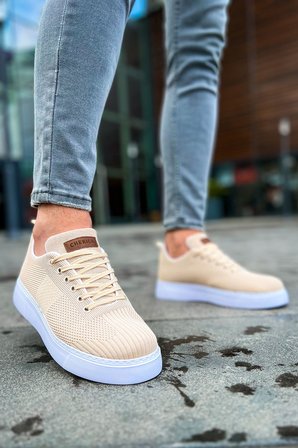 Pabucmarketi Bağcıklı Triko Kumaş Erkek Spor Ayakkabı Krem