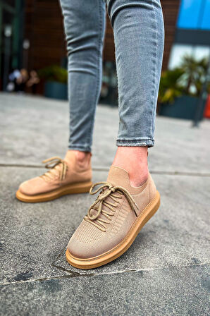 Pabucmarketi Bağcık Detaylı Triko Kumaş Erkek Spor Ayakkabı Taba