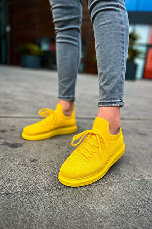 Pabucmarketi Bağcık Detaylı Triko Kumaş Erkek Spor Ayakkabı Sarı