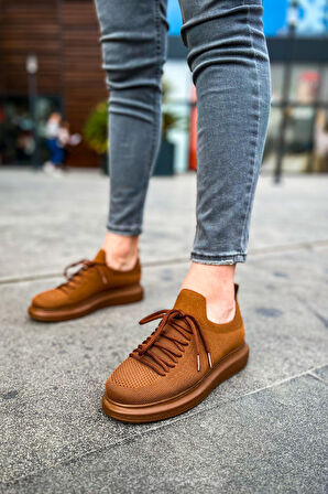 Pabucmarketi Bağcık Detaylı Triko Kumaş Erkek Spor Ayakkabı Kahve