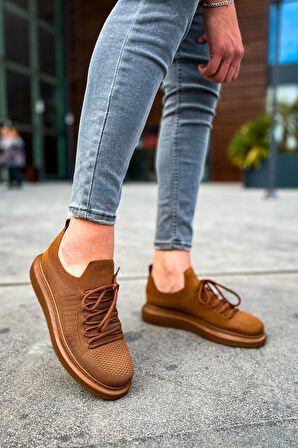 Pabucmarketi Bağcık Detaylı Triko Kumaş Erkek Spor Ayakkabı Kahve