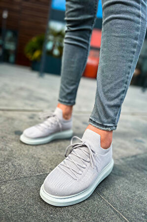 Pabucmarketi Bağcık Detaylı Triko Kumaş Erkek Spor Ayakkabı Gri