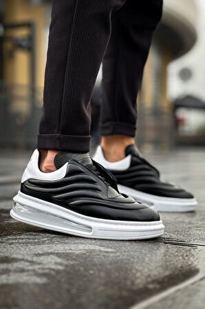 Pabucmarketi Bağcıklı Balon Taban Erkek Spor Ayakkabı Siyah Beyaz