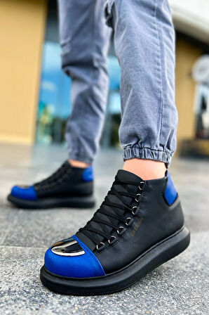 Pabucmarketi Bağcıklı Erkek Sneaker Bot Siyah Saks Mavi