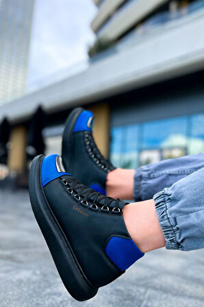 Pabucmarketi Bağcıklı Erkek Sneaker Bot Siyah Saks Mavi