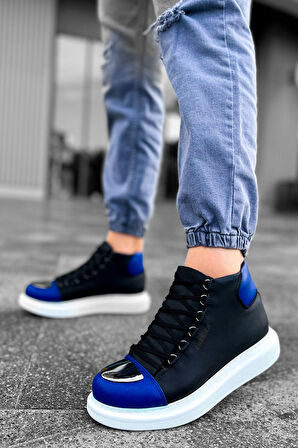 Pabucmarketi Bağcıklı Erkek Sneaker Bot Siyah Saks Mavi