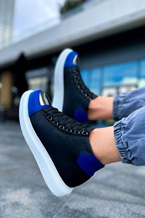 Pabucmarketi Bağcıklı Erkek Sneaker Bot Siyah Saks Mavi