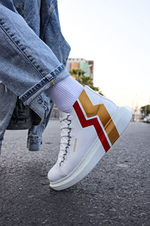 Pabucmarketi Bağcıklı Erkek Sneaker Bot Sarı Kırmızı Şimşek