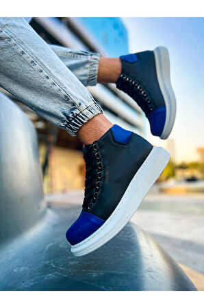Pabucmarketi Bağcıklı Erkek Sneaker Bot Siyah Saks Mavi