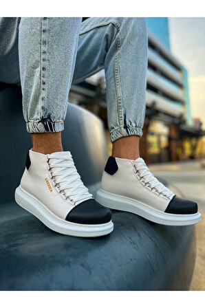 Pabucmarketi Bağcıklı Erkek Sneaker Bot Beyaz Siyah