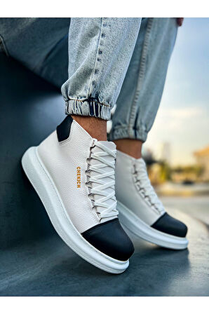 Pabucmarketi Bağcıklı Erkek Sneaker Bot Beyaz Siyah