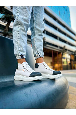Pabucmarketi Bağcıklı Erkek Sneaker Bot Beyaz Antrasit