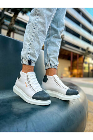 Pabucmarketi Bağcıklı Erkek Sneaker Bot Beyaz Antrasit