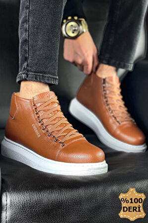Pabucmarketi Bağcıklı Hakiki Deri Erkek Sneaker Bot Taba