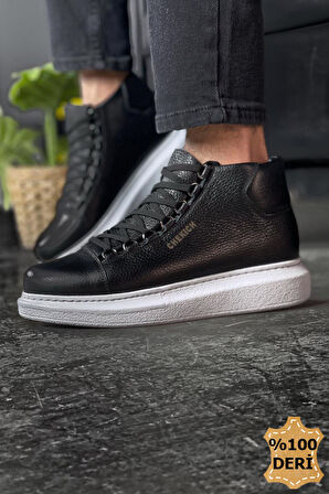 Pabucmarketi Bağcıklı Hakiki Deri Erkek Sneaker Bot Siyah