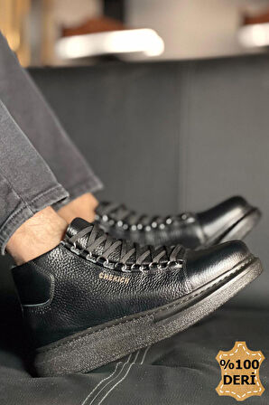 Pabucmarketi Bağcıklı Hakiki Deri Erkek Sneaker Bot Siyah