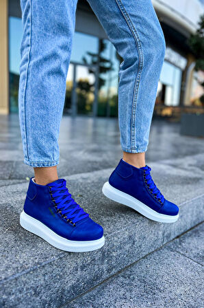 Pabucmarketi Bağcıklı Kadın Sneaker Bot Saks Mavi