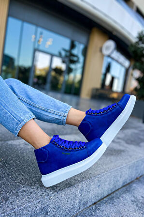 Pabucmarketi Bağcıklı Kadın Sneaker Bot Saks Mavi
