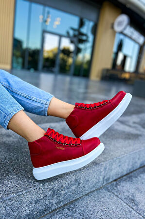 Pabucmarketi Bağcıklı Kadın Sneaker Bot Kırmızı
