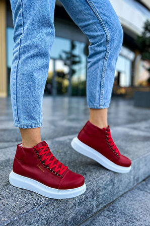 Pabucmarketi Bağcıklı Kadın Sneaker Bot Kırmızı