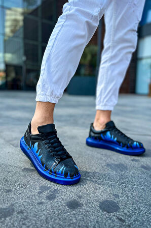 Pabucmarketi Bağcıklı Baskılı Erkek Spor Ayakkabı Siyah Mavi