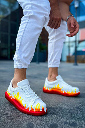 Pabucmarketi Bağcıklı Baskılı Erkek Spor Ayakkabı Kırmızı Alev