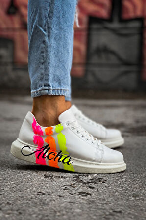 Pabucmarketi Bağcıklı Baskılı Erkek Spor Ayakkabı Aloha Baskılı Beyaz