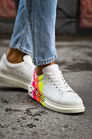 Pabucmarketi Bağcıklı Baskılı Erkek Spor Ayakkabı Aloha Baskılı Beyaz