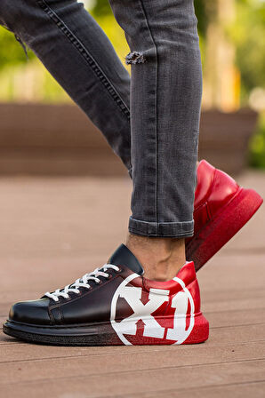 Pabucmarketi Bağcıklı Baskılı Erkek Spor Ayakkabı Siyah Kırmızı